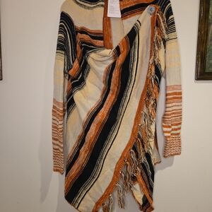 NWT Exlura Hippie Medium Cardigan Sweater Poncho Orange White Black Stripes Boho
